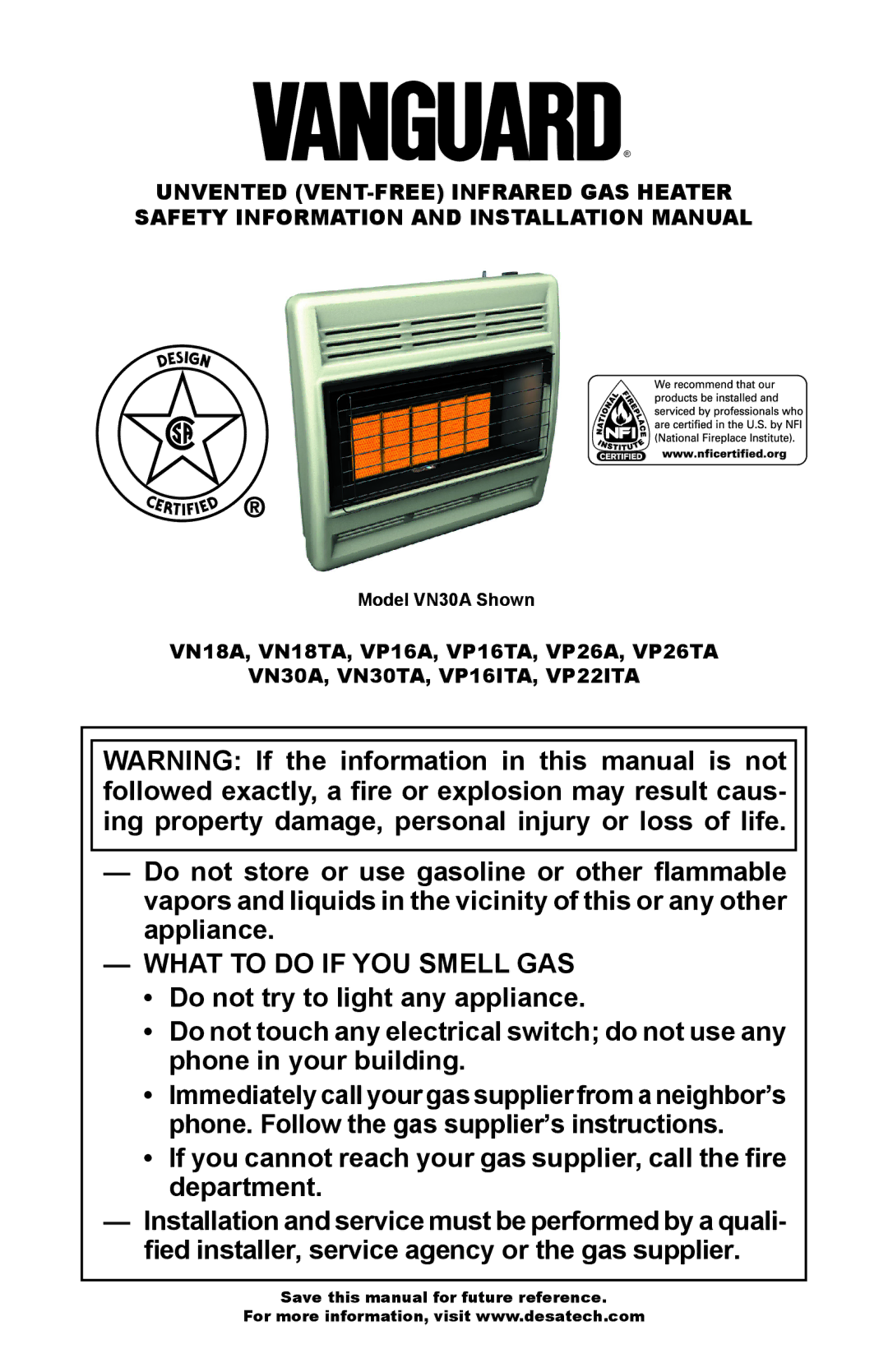 Desa VP16A, VN18A, VP26A, VP26TA VN30A, VP16TA, VN18TA installation manual VN30A, VN30TA, VP16ITA, VP22ITA, Model VN30A Shown 