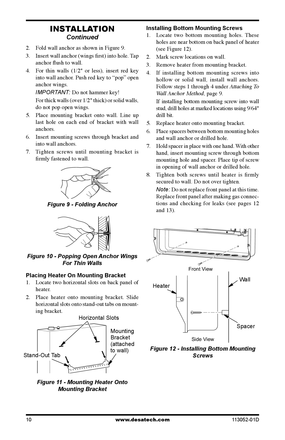 Desa VP16A, VN18A, VP26A, VP26TA VN30A, VN30TA, VP16TA Installing Bottom Mounting Screws, Placing Heater On Mounting Bracket 