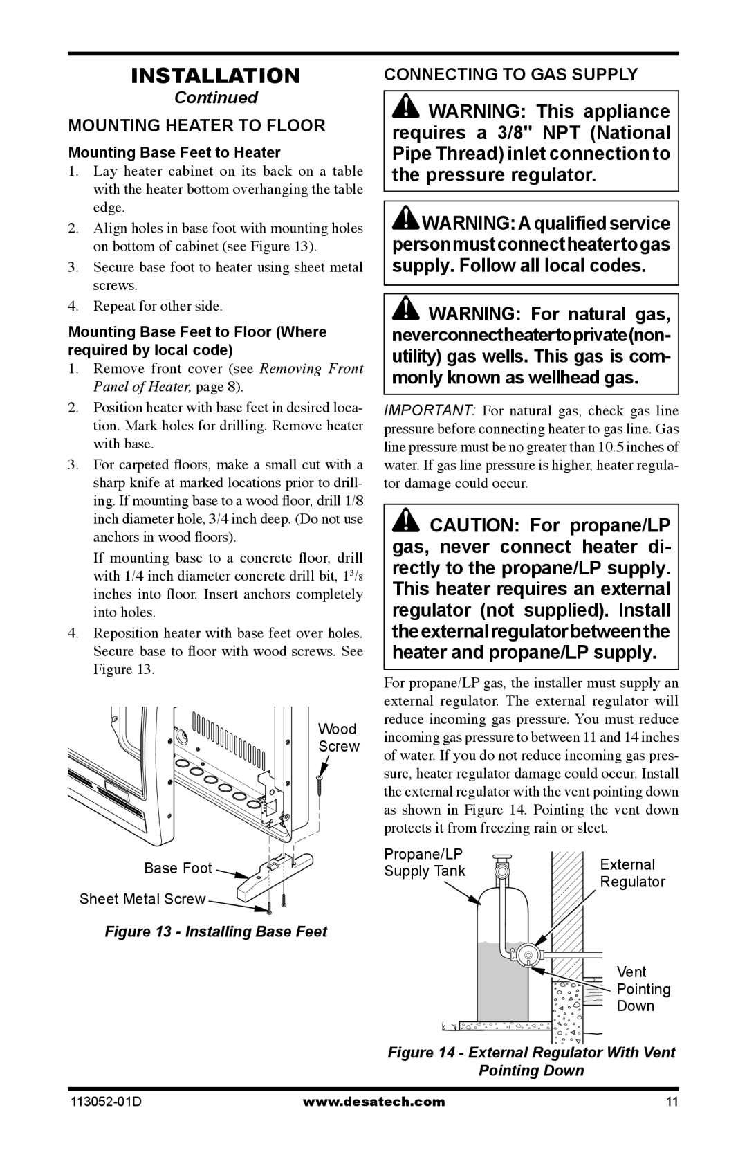 Desa VP26A, VN18A, VP16A, VP26TA VN30A Mounting Heater to Floor, Connecting to GAS Supply, Mounting Base Feet to Heater 