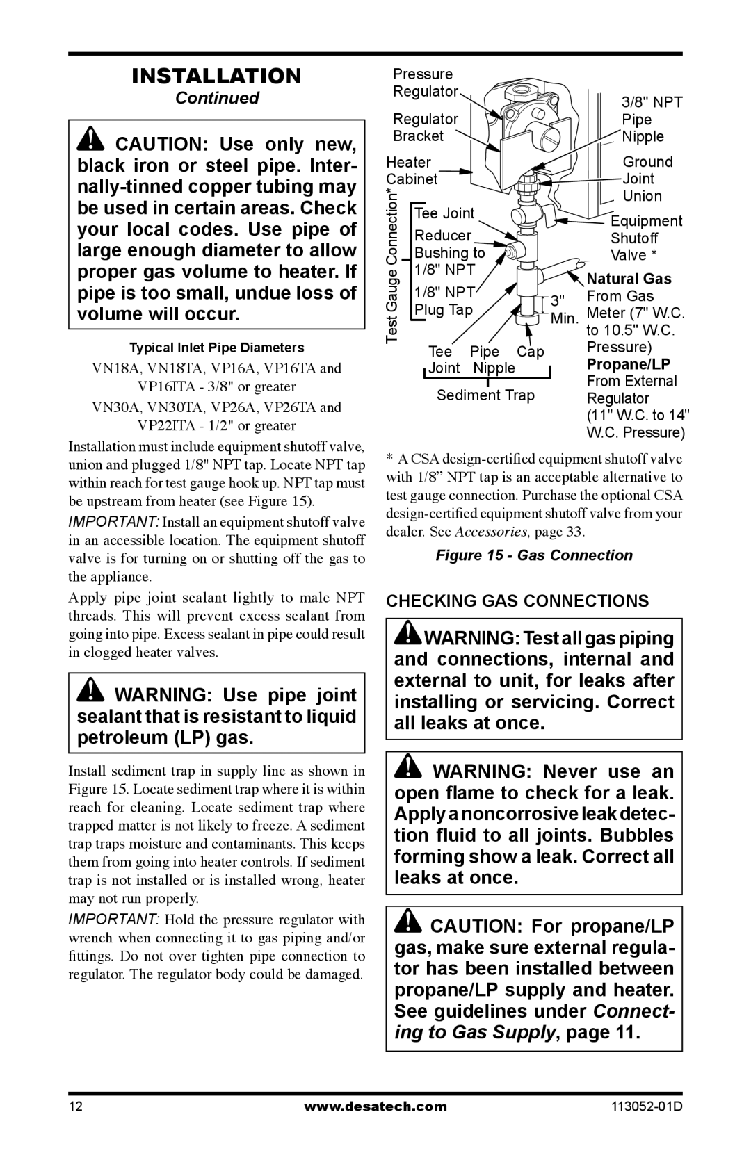 Desa VP26TA VN30A, VN18A, VP16A, VP26A, VN30TA, VP16TA, VP16ITA, VP22ITA Checking GAS Connections, Natural Gas, Propane/LP 