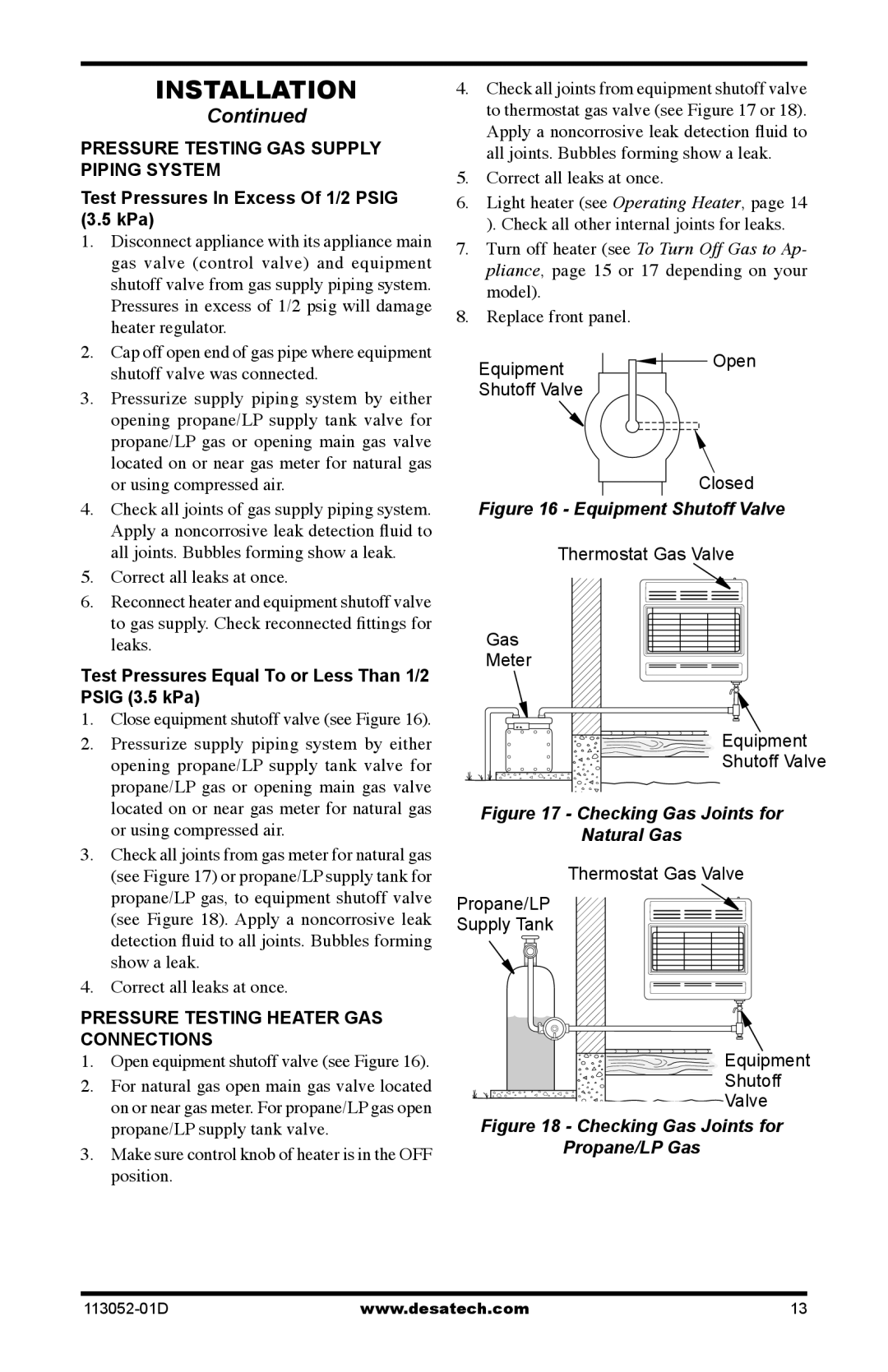 Desa VN30TA, VN18A Test Pressures In Excess Of 1/2 Psig 3.5 kPa, Test Pressures Equal To or Less Than 1/2 Psig 3.5 kPa 