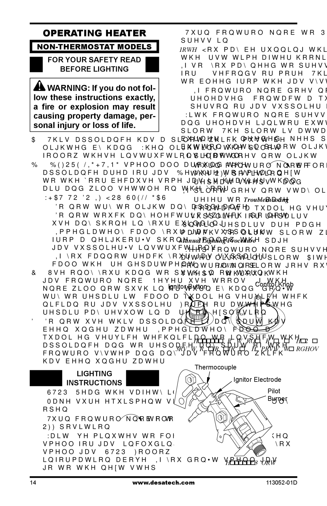 Desa VP16TA, VN18A Operating Heater, NON-THERMOSTAT Models For Your Safety Read Before Lighting, Lighting Instructions 