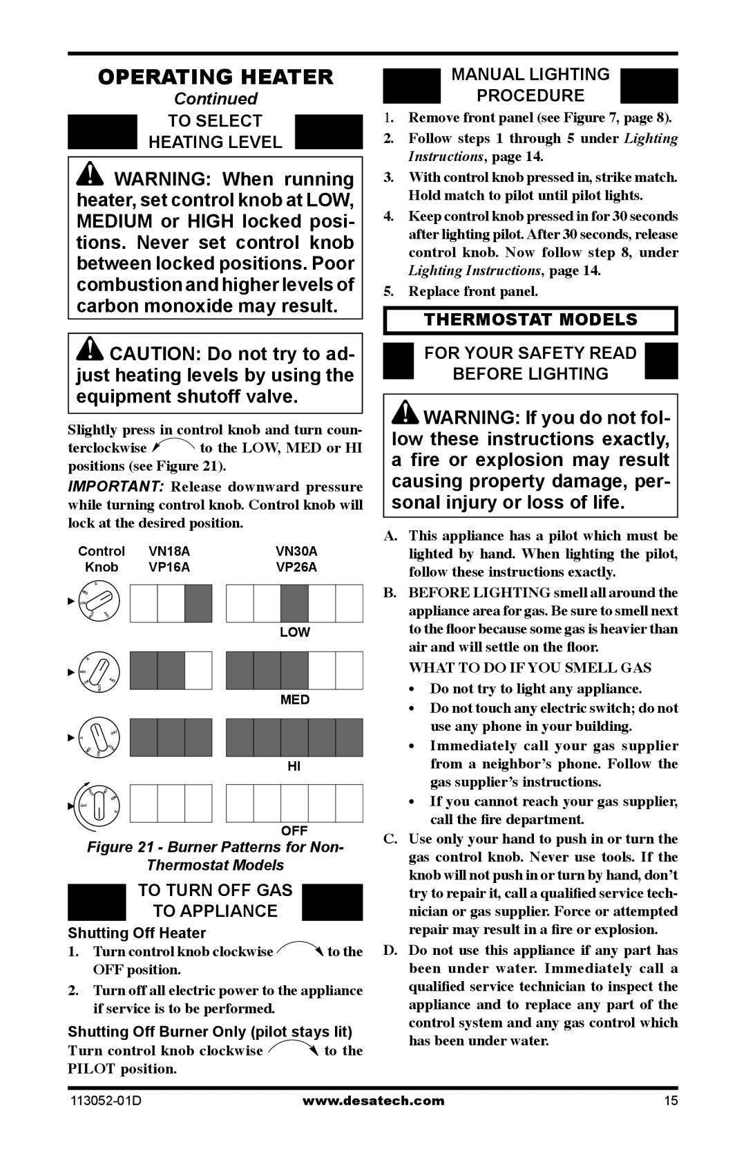 Desa VP16ITA, VN18A, VP16A, VP26A, VN30TA To Select Heating Level, To Turn OFF GAS To Appliance, Manual Lighting Procedure 