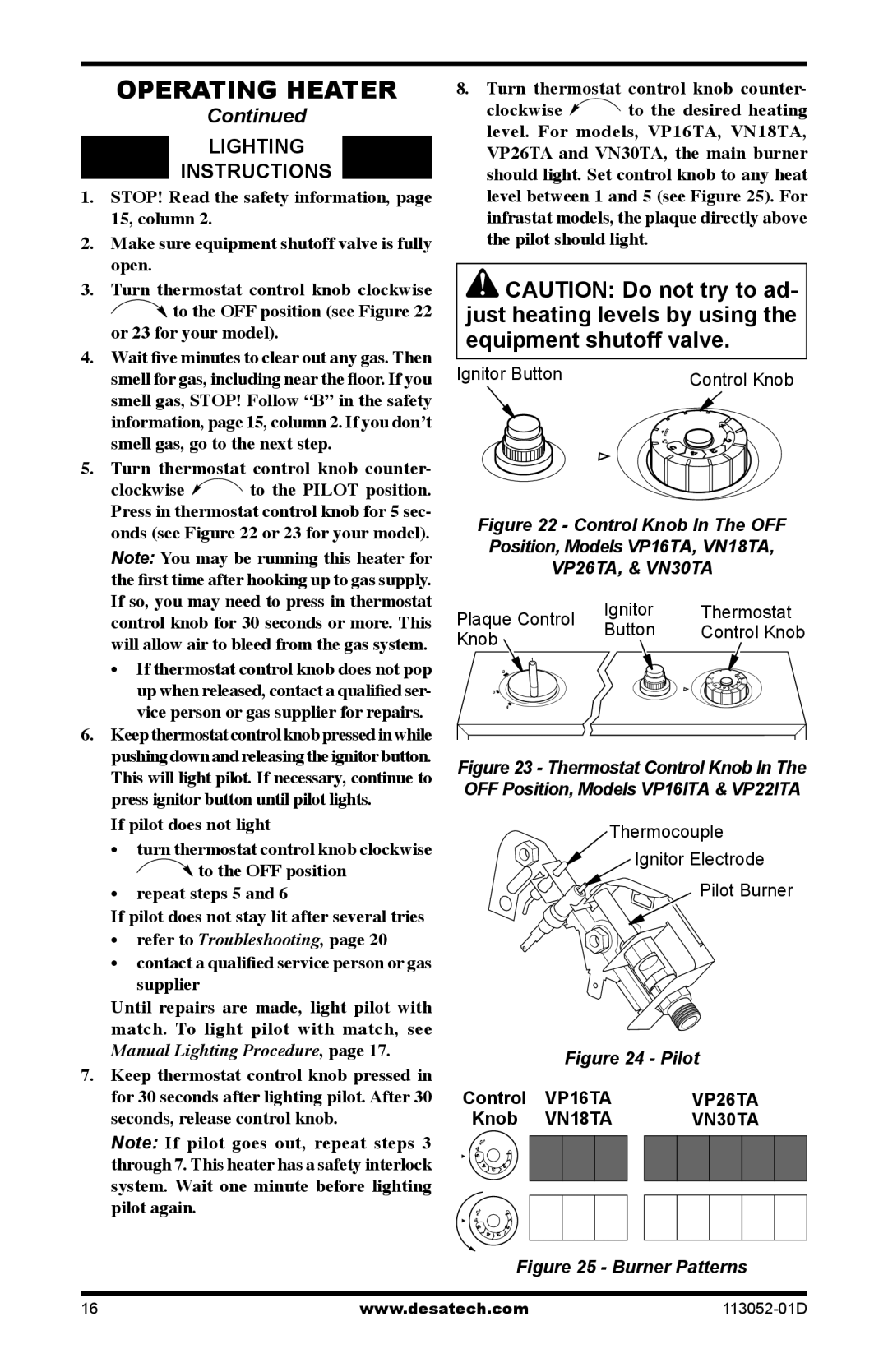 Desa VP22ITA, VN18A, VP16A, VP26A If pilot does not light, Turn thermostat control knob counter, Ignitor Button Control Knob 