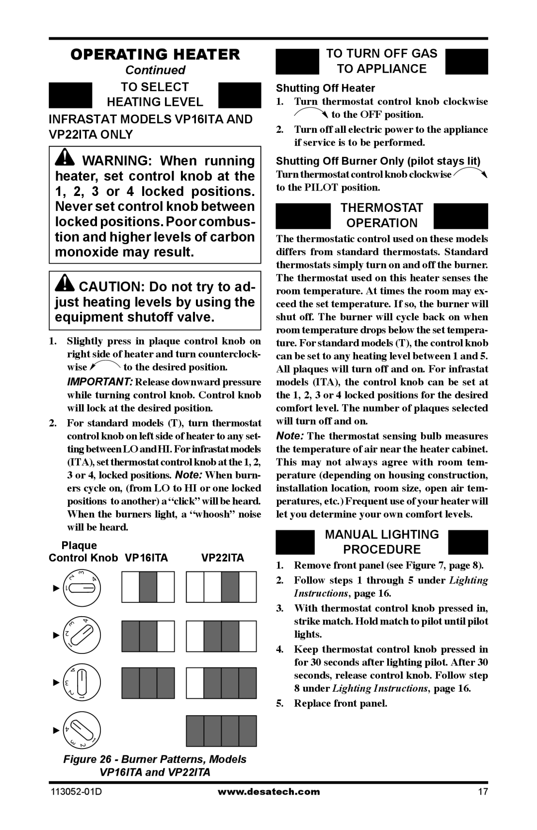 Desa VN18TA, VN18A, VP16A, VP26A, VP26TA VN30A, VN30TA, VP16TA, VP16ITA Thermostat Operation, Plaque, Shutting Off Heater 