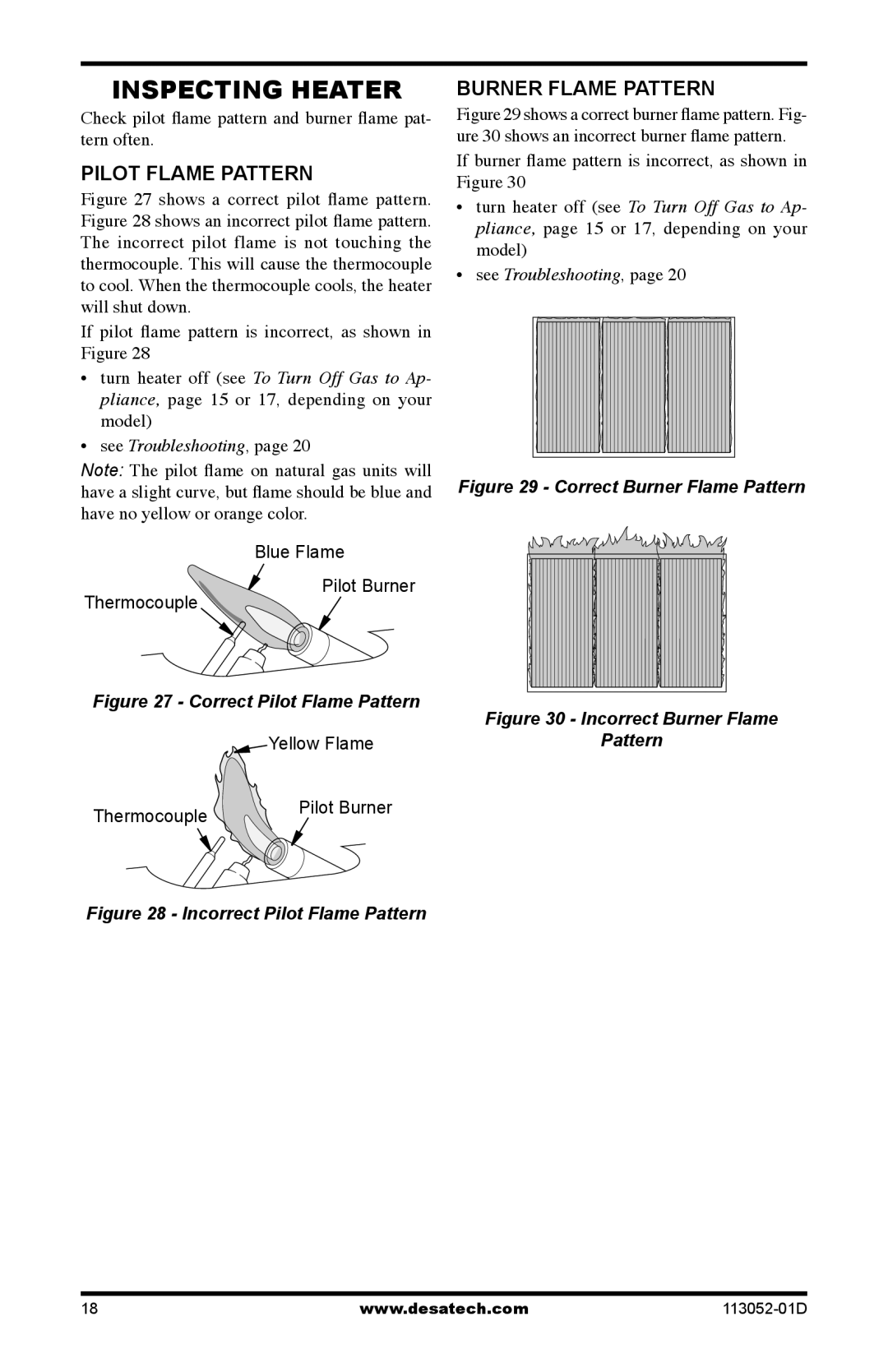 Desa VN18A, VP16A, VP26A, VP26TA VN30A, VN30TA, VP16TA, VP16ITA Inspecting Heater, Pilot Flame Pattern, Burner Flame Pattern 