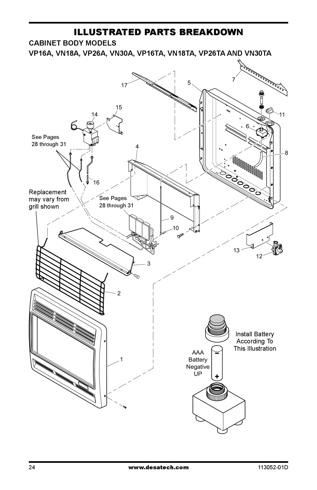 Desa VP16ITA, VN18A, VP16A, VP26A, VP26TA VN30A, VN30TA, VP16TA, VP22ITA, VN18TA installation manual Illustrated Parts Breakdown 