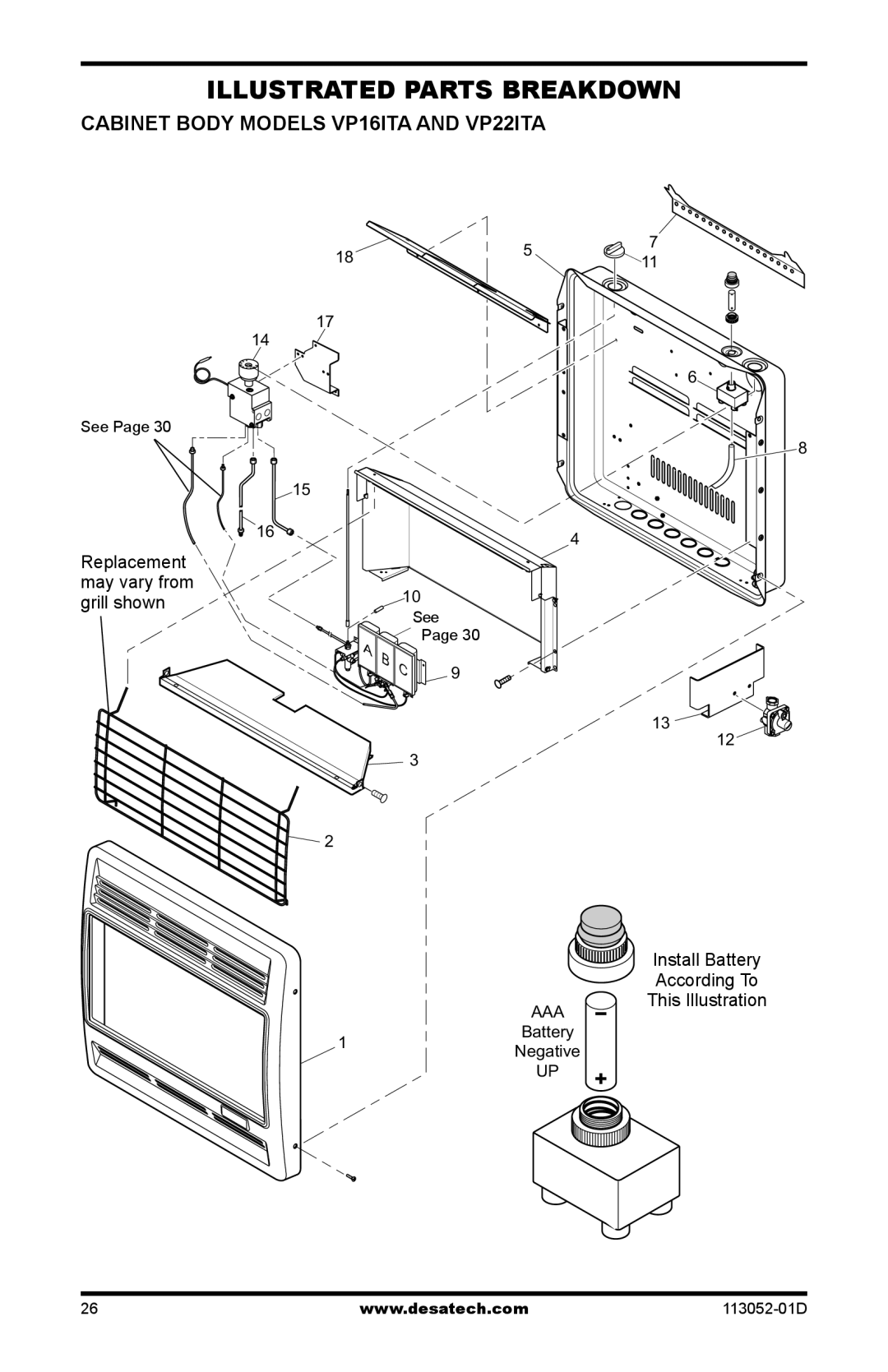 Desa VN18TA, VN18A, VP16A, VP26A, VP26TA VN30A, VN30TA, VP16TA installation manual Cabinet Body Models VP16ITA and VP22ITA 