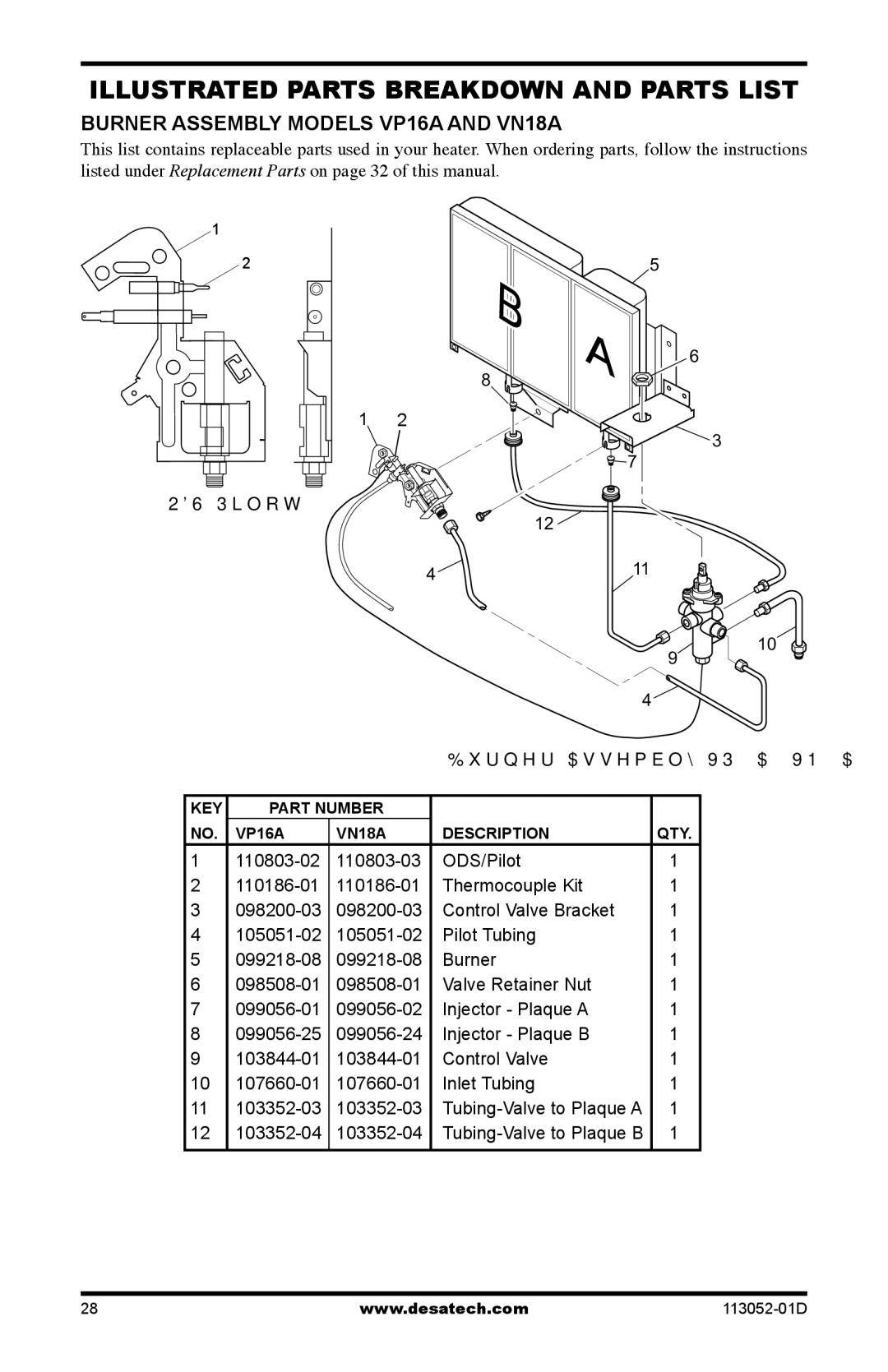 Desa VP26A, VP26TA VN30A, VN30TA Illustrated Parts Breakdown and Parts List, Burner Assembly Models VP16A and VN18A 