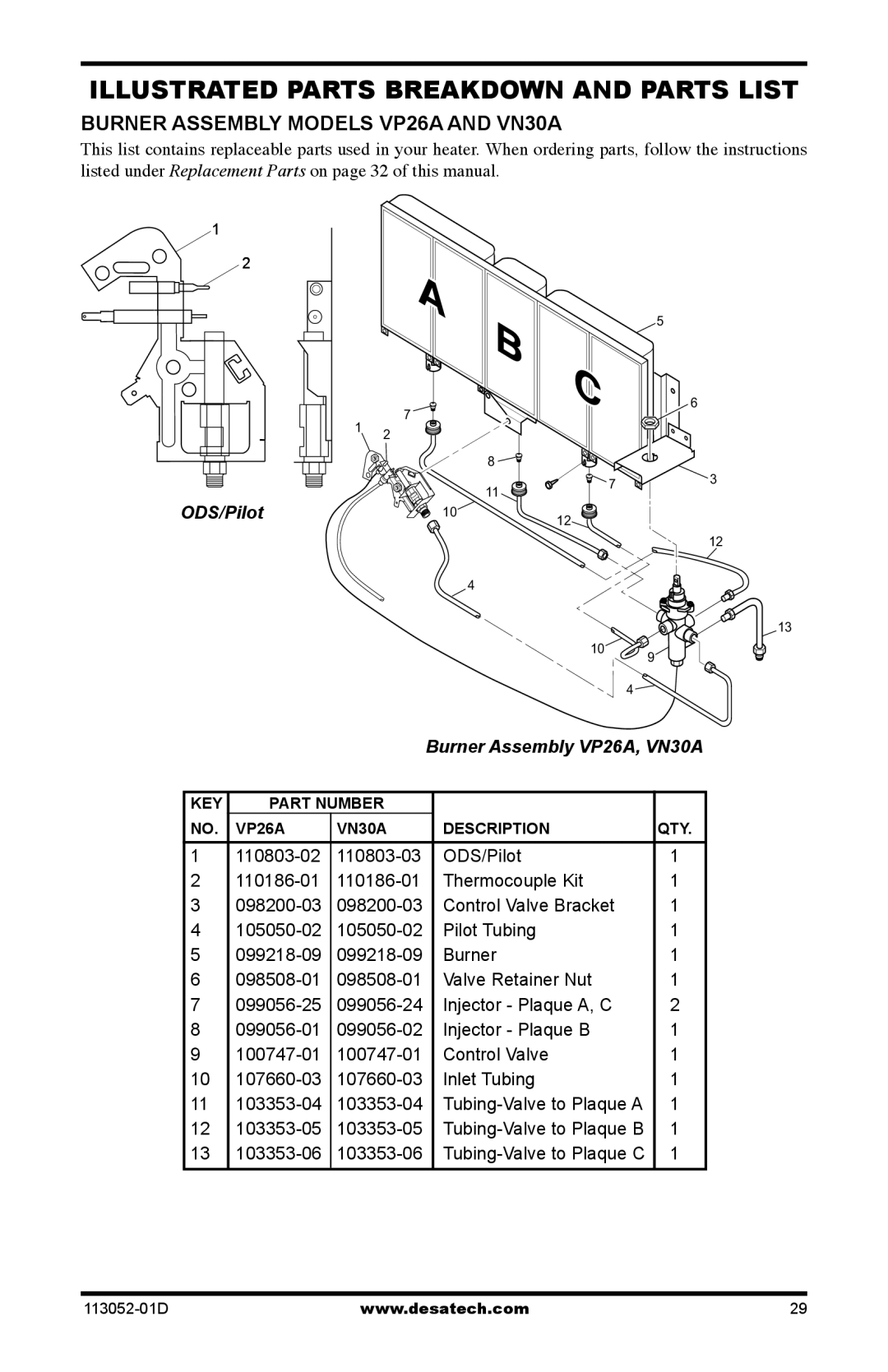 Desa VN18A, VP16A, VP26TA VN30A, VN30TA Burner Assembly Models VP26A and VN30A, ODS/Pilot Burner Assembly VP26A, VN30A 