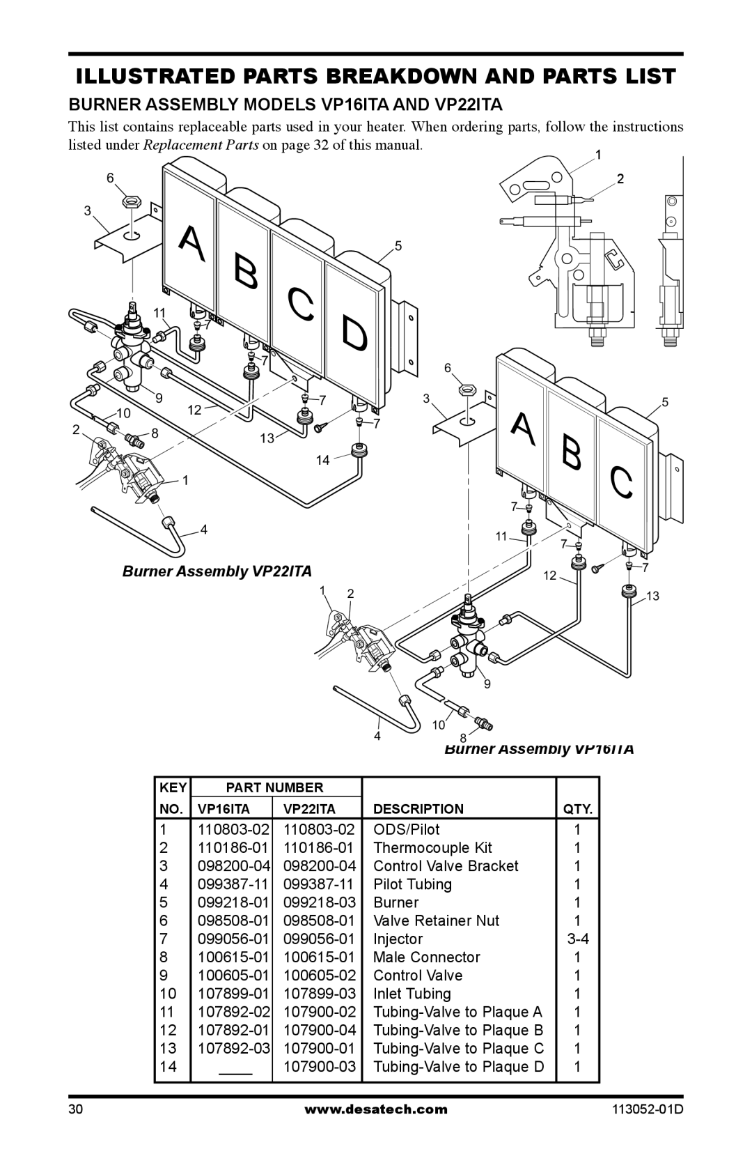 Desa VP26TA VN30A, VN18A, VP16A Burner Assembly Models VP16ITA and VP22ITA, Burner Assembly VP22ITA Burner Assembly VP16ITA 