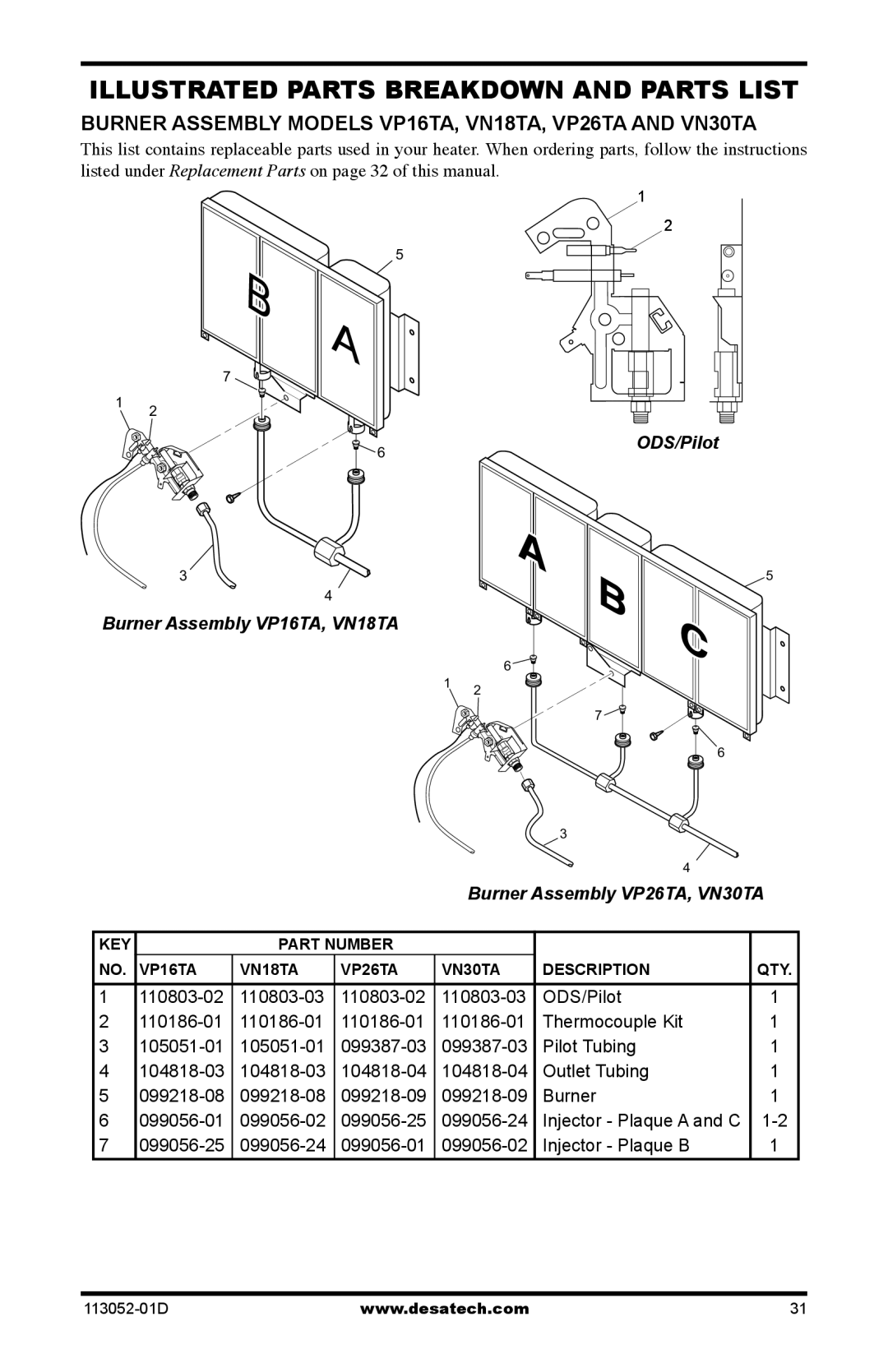 Desa VN18A, VP16A, VP26A, VP26TA VN30A, VP16ITA, VP22ITA Burner Assembly Models VP16TA, VN18TA, VP26TA and VN30TA 