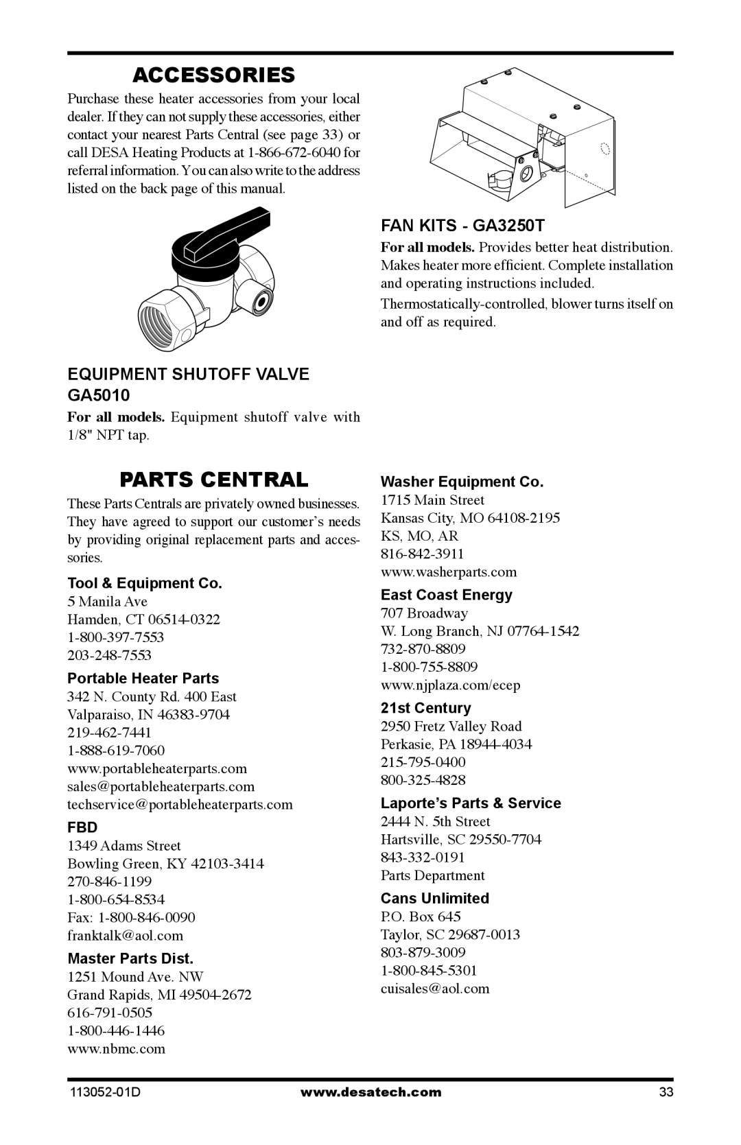 Desa VP16ITA, VN18A, VP16A, VP26A, VP26TA VN30A Accessories, Parts Central, FAN Kits GA3250T, Equipment Shutoff Valve GA5010 