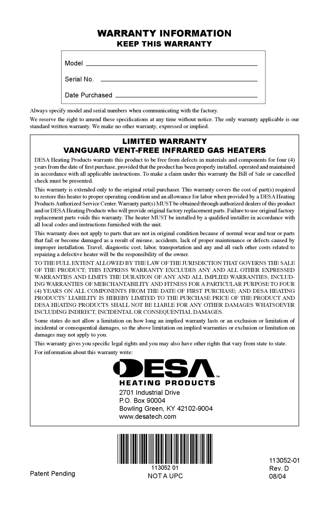 Desa VN18A, VP16A, VP26A Warranty Information, Keep this Warranty, Limited Warranty Vanguard VENT-FREE Infrared GAS Heaters 