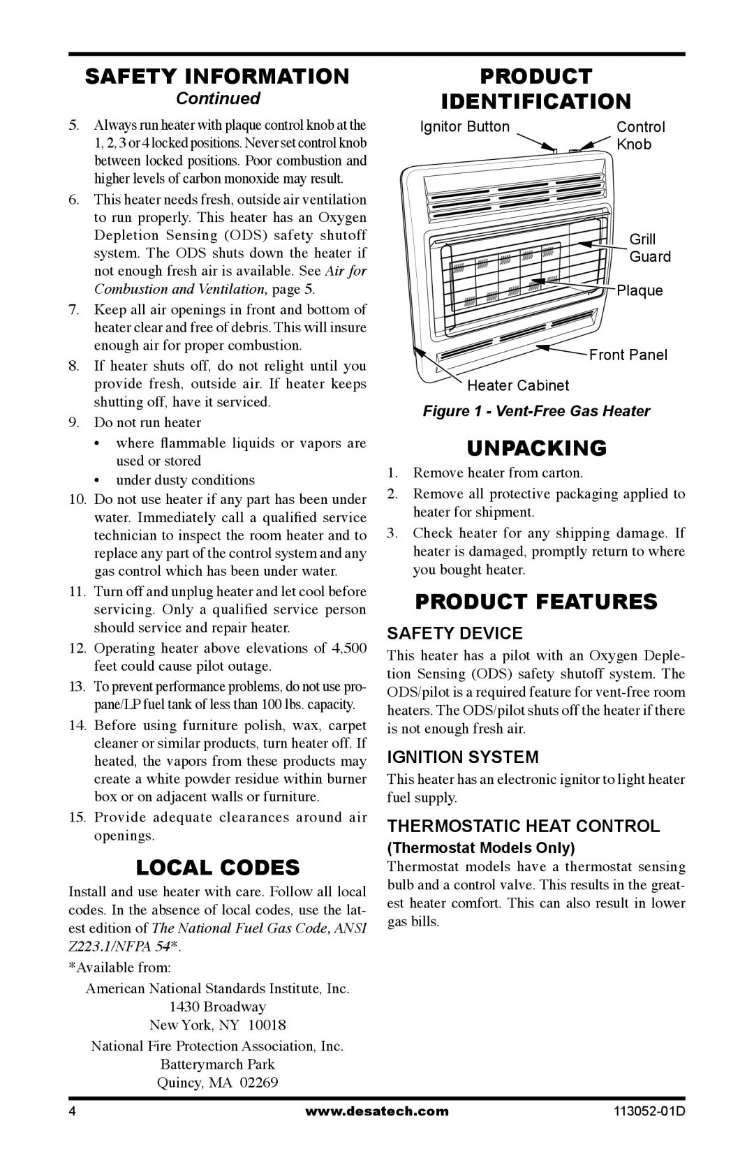 Desa VN30TA, VN18A, VP16A, VP26A, VP26TA VN30A, VP16TA, VP16ITA, VP22ITA, VN18TA Local Codes, Unpacking, Product Features 