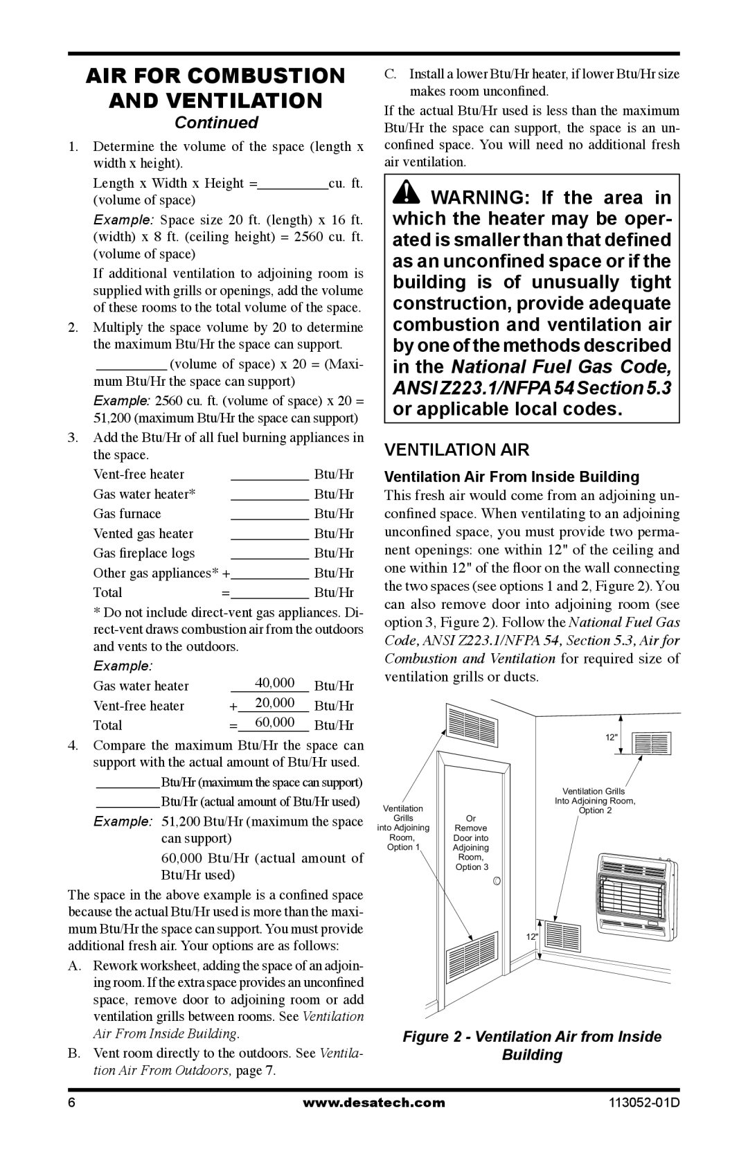 Desa VP16ITA, VN18A, VP16A, VP26A, VP26TA VN30A, VN30TA, VP16TA, VP22ITA Ventilation AIR, Ventilation Air From Inside Building 