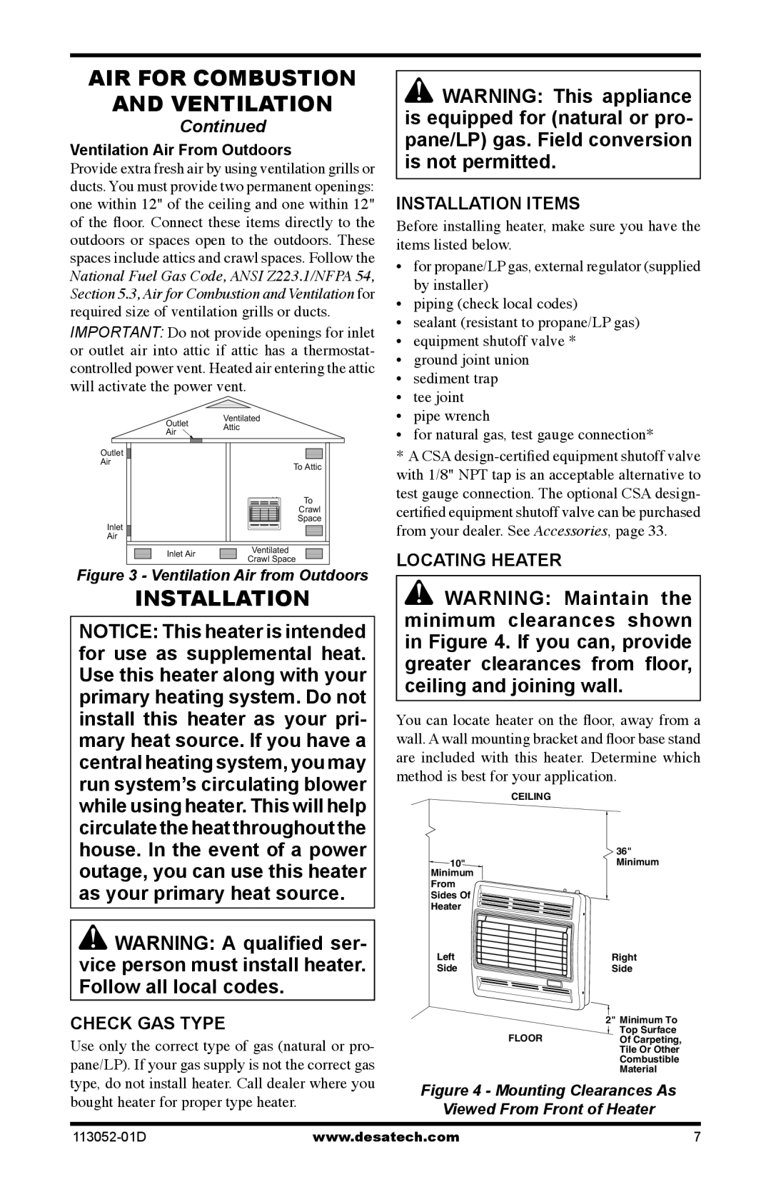 Desa VP22ITA, VN18A, VP16A, VP26A Check GAS Type, Installation Items, Locating Heater, Ventilation Air From Outdoors 