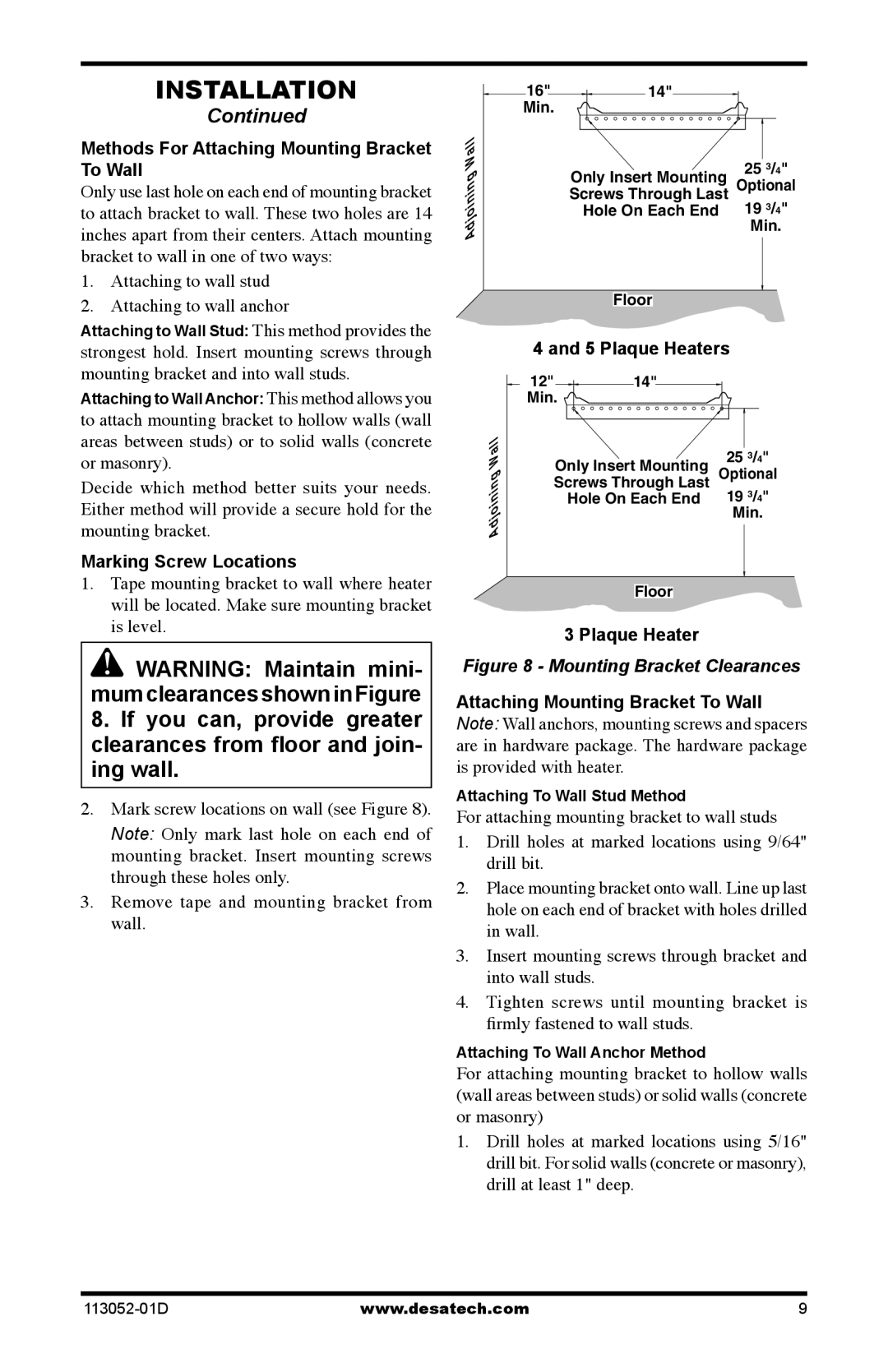 Desa VN18A, VP16A, VP26A, VN30TA Methods For Attaching Mounting Bracket To Wall, Marking Screw Locations, Plaque Heaters 