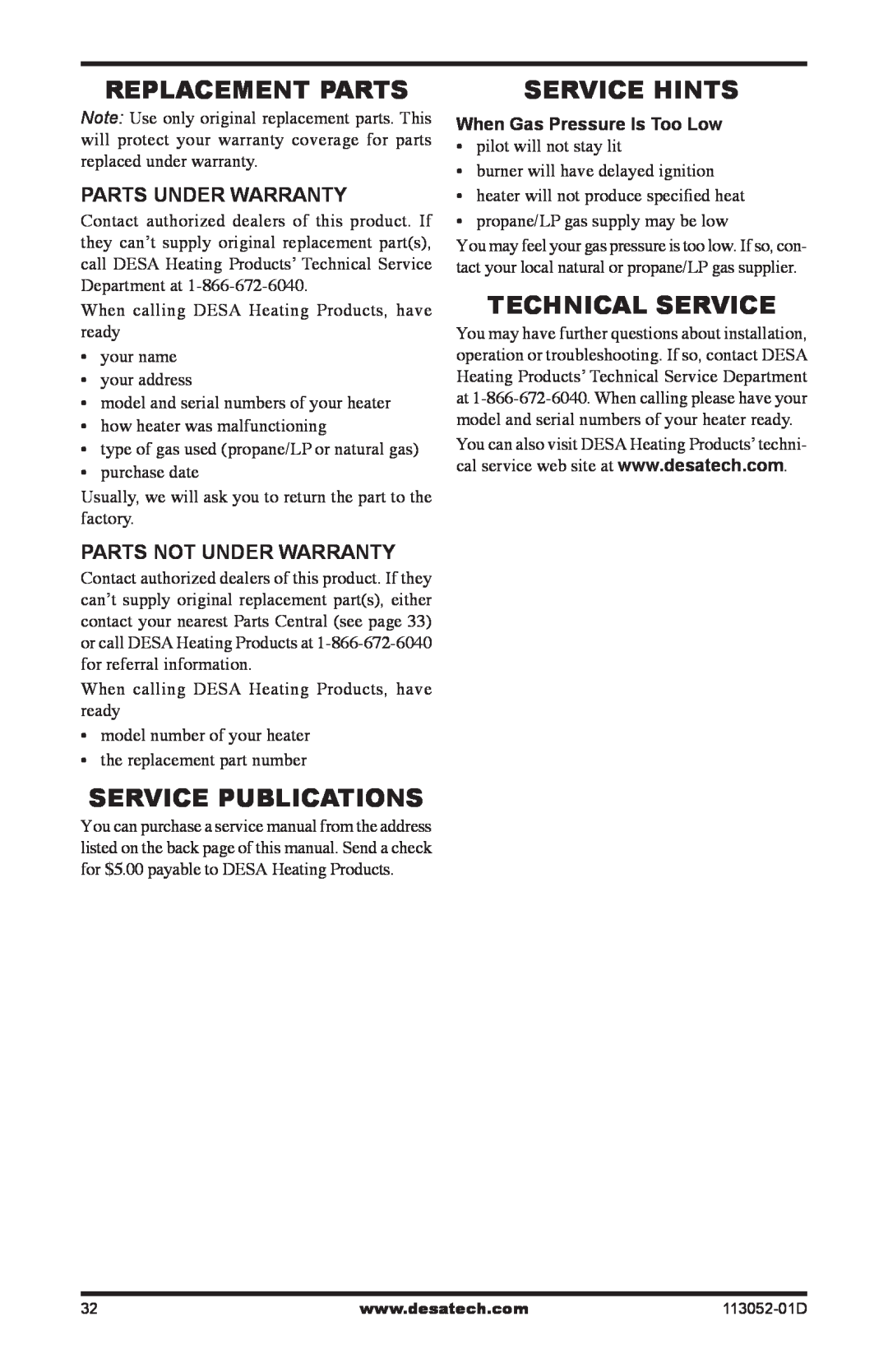 Desa VP16TA, VN18A, VP16A Replacement Parts, Service Publications, Service Hints, Technical Service, Parts Under Warranty 