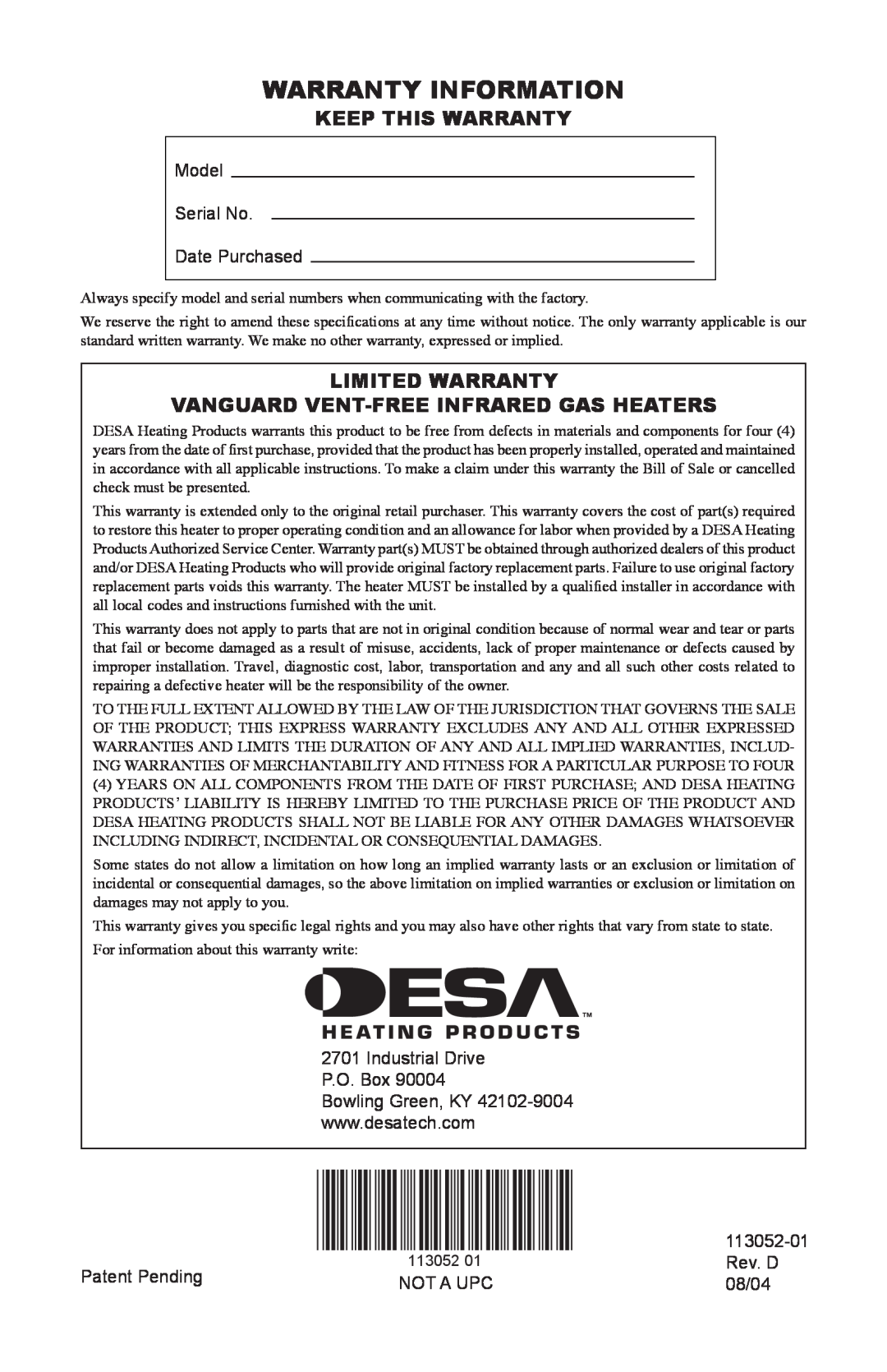 Desa VN18A, VP16A, VP26A Warranty Information, Keep This Warranty, Limited Warranty, Vanguard Vent-Freeinfrared Gas Heaters 