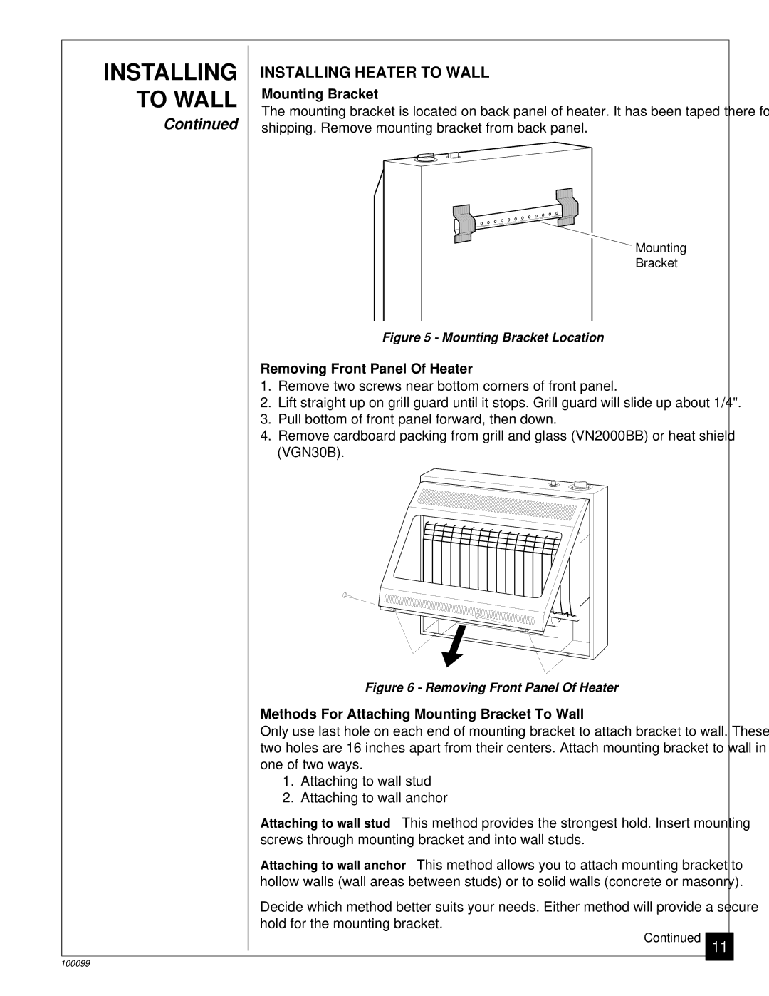 Desa VGN30B, VN2000BB installation manual Installing Heater to Wall, Mounting Bracket, Removing Front Panel Of Heater 