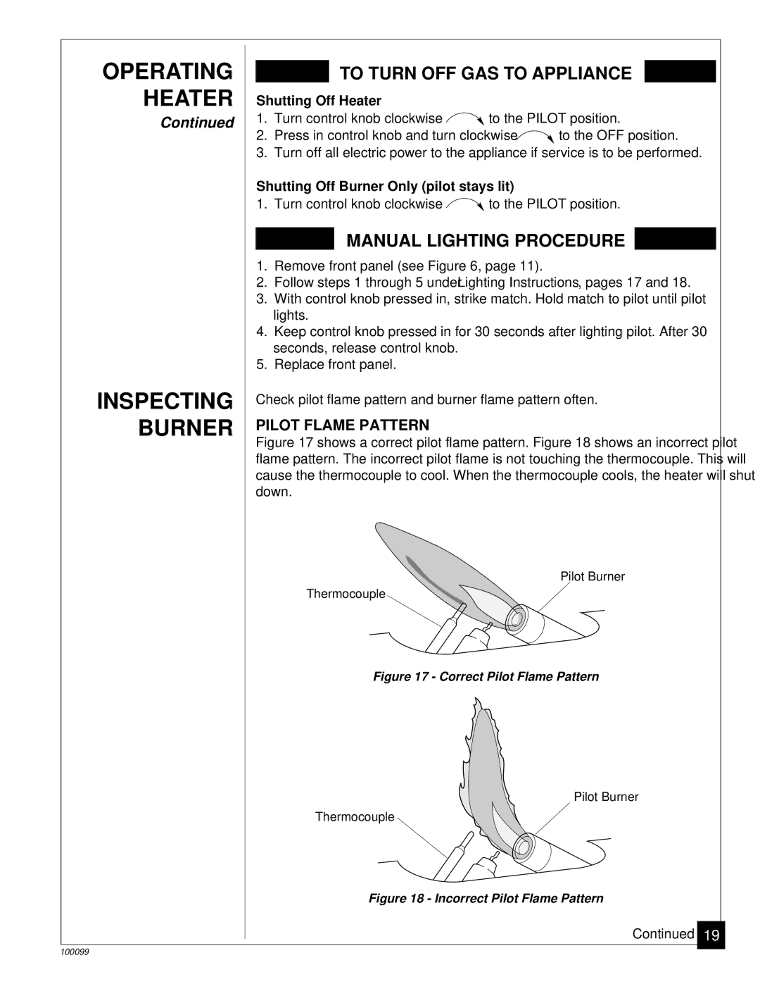 Desa VGN30B, VN2000BB Inspecting, Pilot Flame Pattern, Shutting Off Heater, Shutting Off Burner Only pilot stays lit 