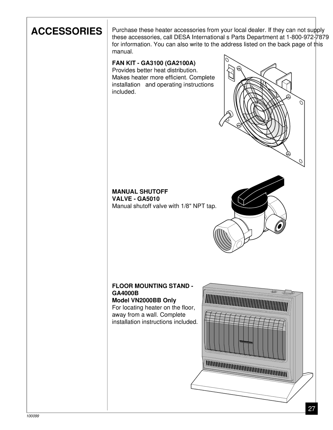 Desa VGN30B, VN2000BB installation manual Accessories, Manual Shutoff, Floor Mounting Stand 