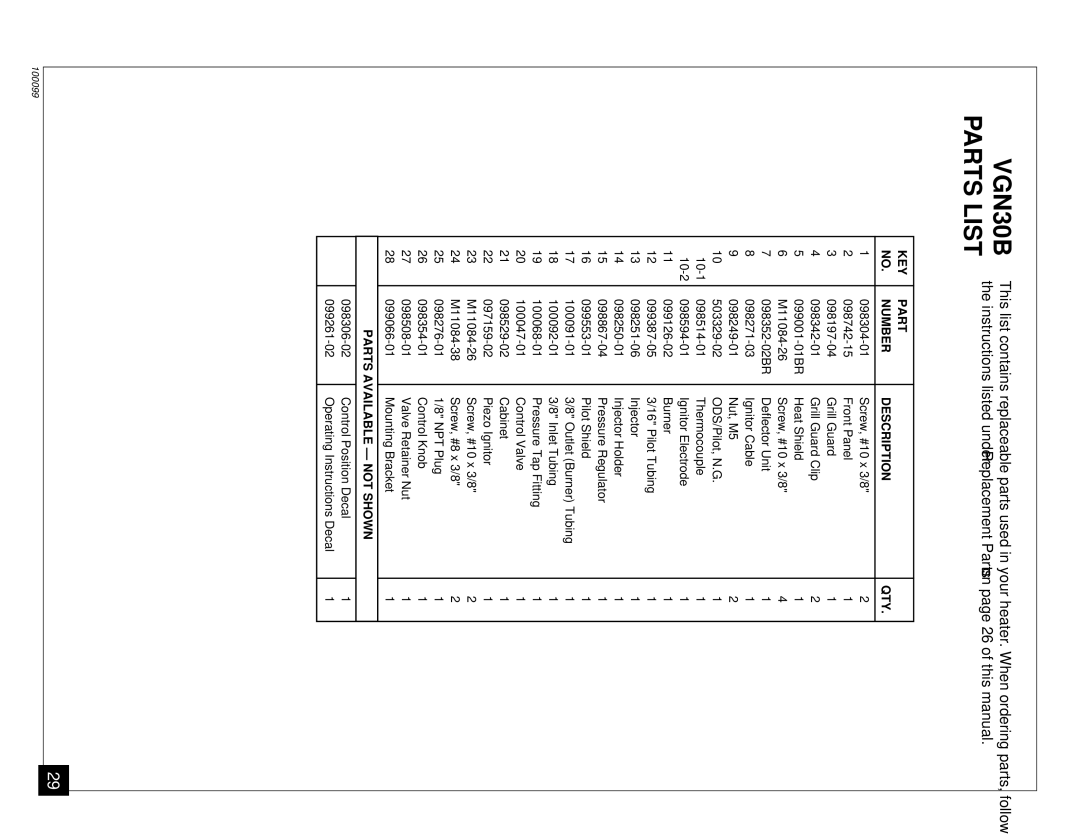 Desa VN2000BB installation manual VGN30B Parts List, KEY Part Number Description QTY 