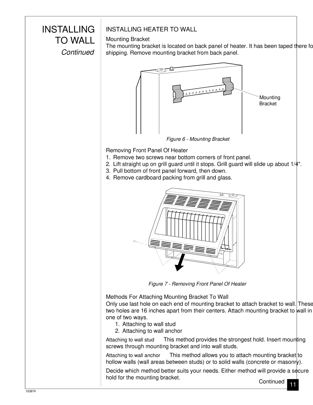 Desa VN2800BTC, VN2000BTC installation manual Installing Heater to Wall, Mounting Bracket, Removing Front Panel Of Heater 