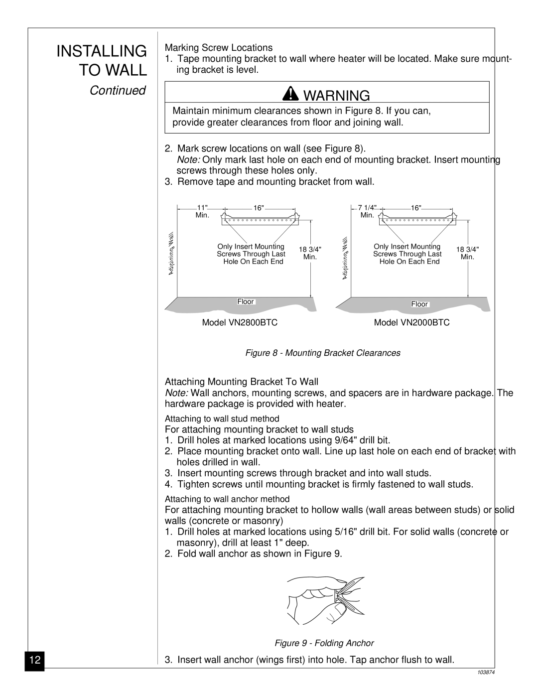 Desa VN2000BTC, VN2800BTC installation manual Marking Screw Locations, Attaching Mounting Bracket To Wall 