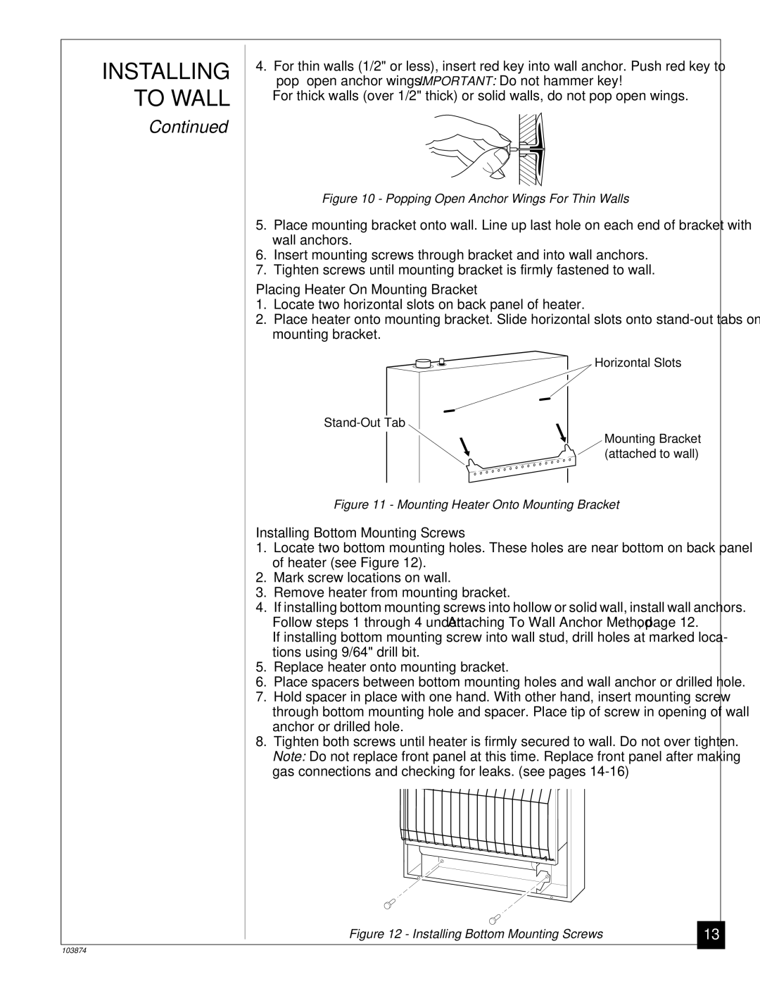 Desa VN2800BTC, VN2000BTC installation manual Placing Heater On Mounting Bracket, Installing Bottom Mounting Screws 