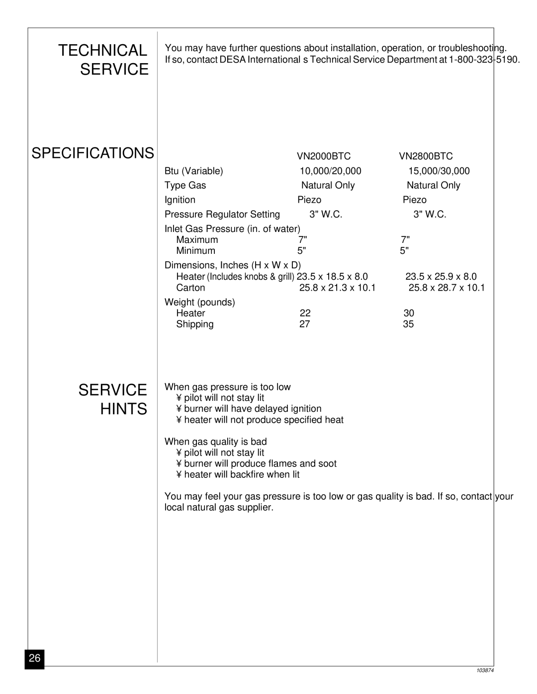 Desa installation manual Technical Service, Service Hints, VN2000BTC VN2800BTC 