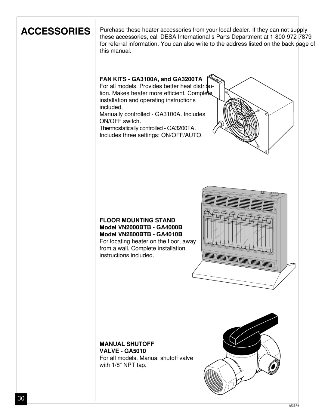 Desa VN2000BTC, VN2800BTC installation manual Accessories, Floor Mounting Stand, Manual Shutoff 