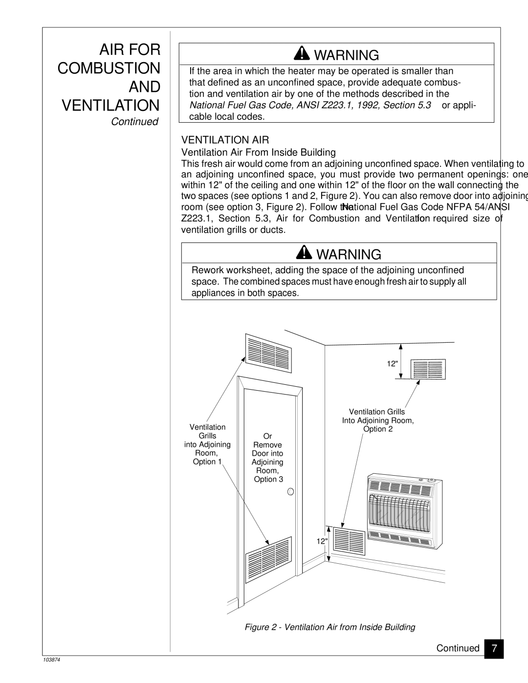 Desa VN2800BTC, VN2000BTC installation manual Ventilation AIR, Ventilation Air From Inside Building 