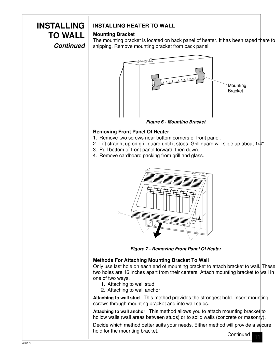 Desa VN2000BTA, VN2800BTA, VN2000BA Installing Heater to Wall, Mounting Bracket, Removing Front Panel Of Heater 