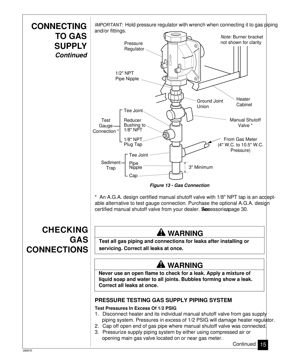 Desa VN2800BTA Checking GAS, Connections, Pressure Testing GAS Supply Piping System, Servicing. Correct all leaks at once 