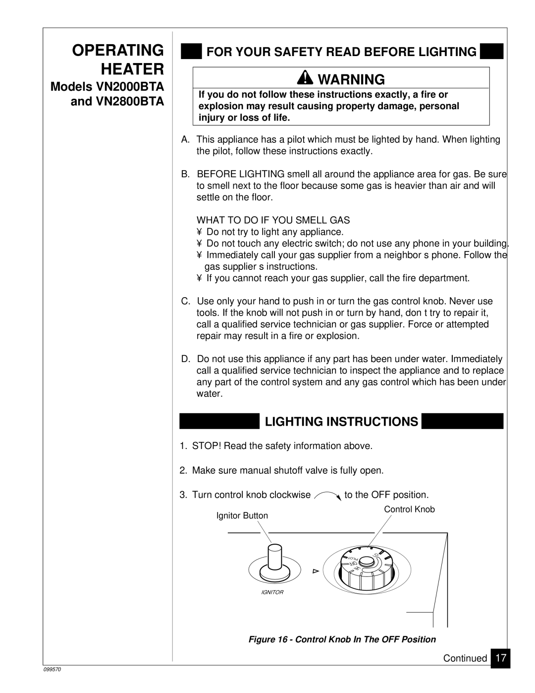 Desa VN2000BTA, VN2800BTA, VN2000BA installation manual Operating Heater, For Your Safety Read Before Lighting 