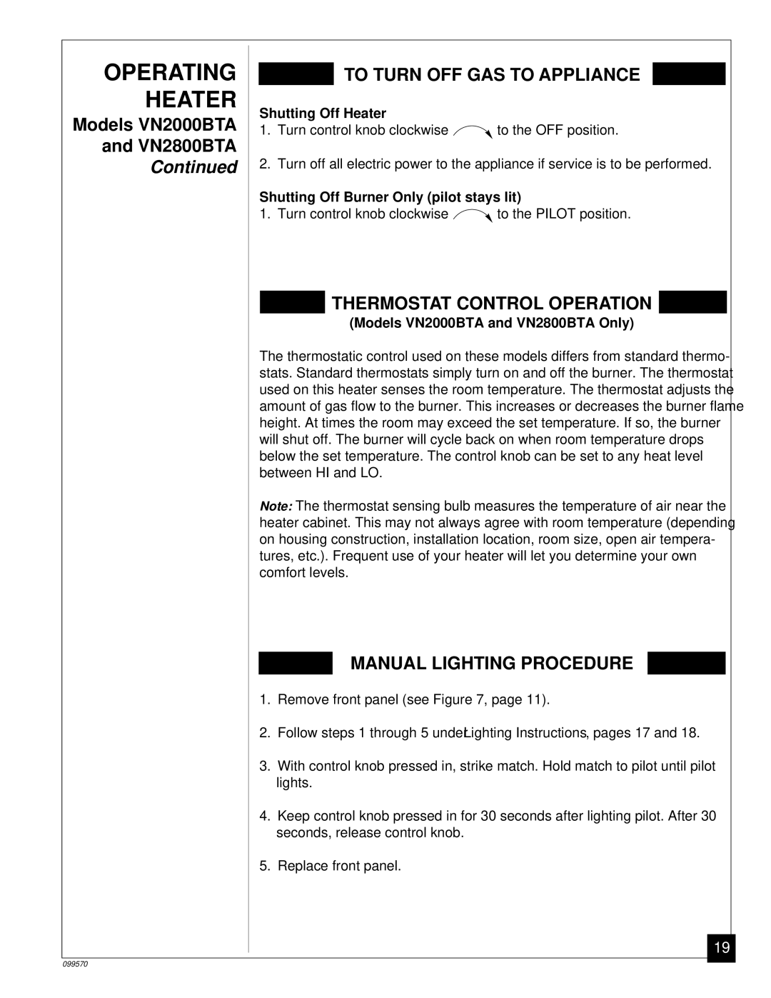 Desa VN2000BA, VN2800BTA, VN2000BTA installation manual Shutting Off Heater, Shutting Off Burner Only pilot stays lit 
