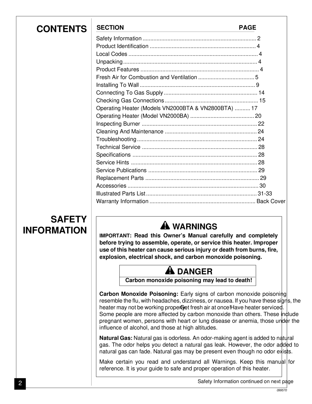 Desa VN2000BTA, VN2800BTA, VN2000BA installation manual Contents, Safety Information 