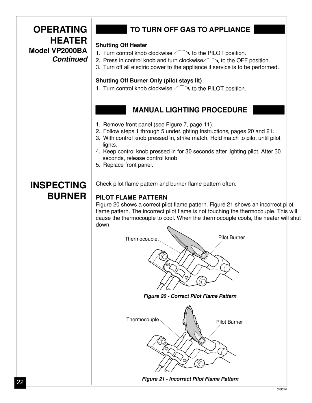 Desa VN2000BA, VN2800BTA, VN2000BTA installation manual Inspecting Burner, Pilot Flame Pattern 