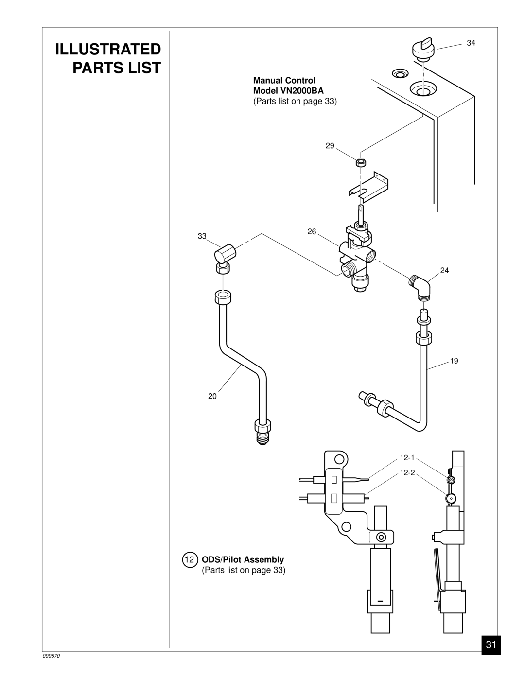 Desa VN2800BTA, VN2000BTA installation manual Illustrated Parts List, Manual Control Model VN2000BA Parts list on 