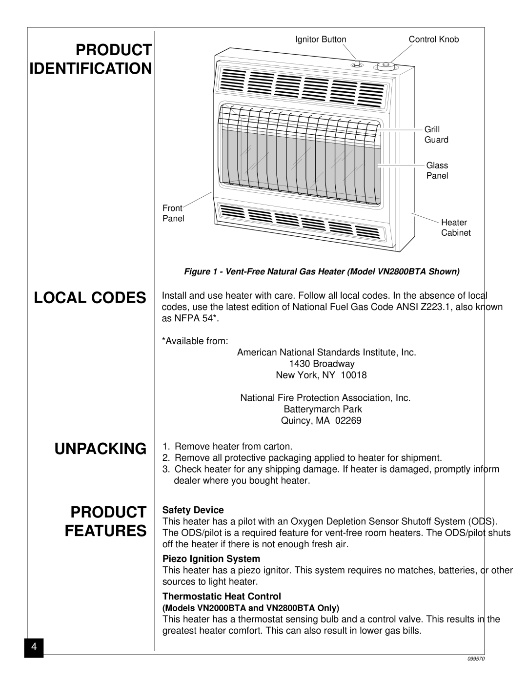 Desa VN2000BA, VN2800BTA, VN2000BTA installation manual Product Identification, Local Codes, Unpacking 