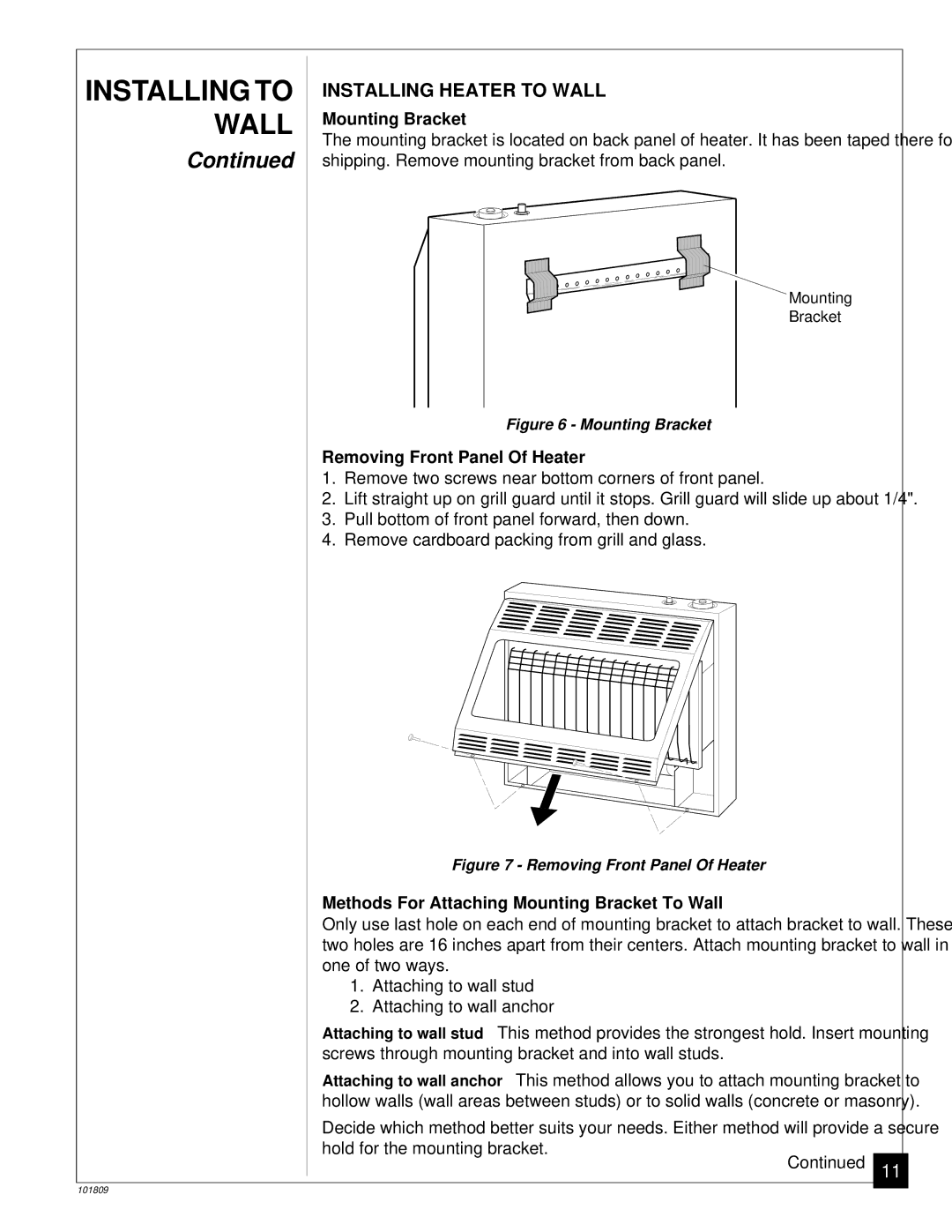 Desa CFN2800BTB, VN2800BTB installation manual Installing Heater to Wall, Mounting Bracket, Removing Front Panel Of Heater 