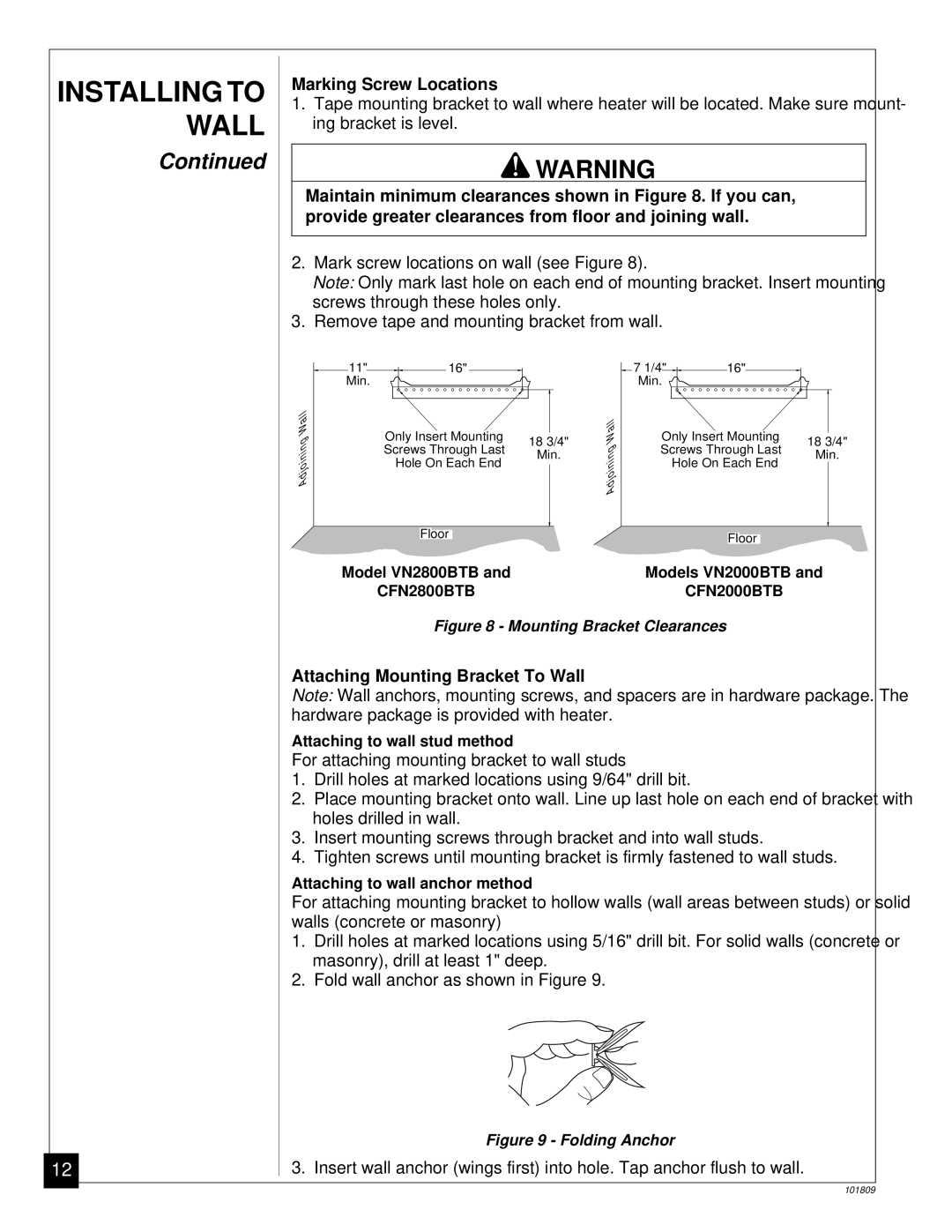 Desa VN2800BTB, CFN2800BTB installation manual Marking Screw Locations, Attaching Mounting Bracket To Wall 