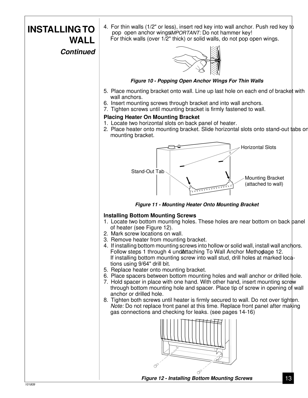 Desa CFN2800BTB, VN2800BTB installation manual Placing Heater On Mounting Bracket, Installing Bottom Mounting Screws 