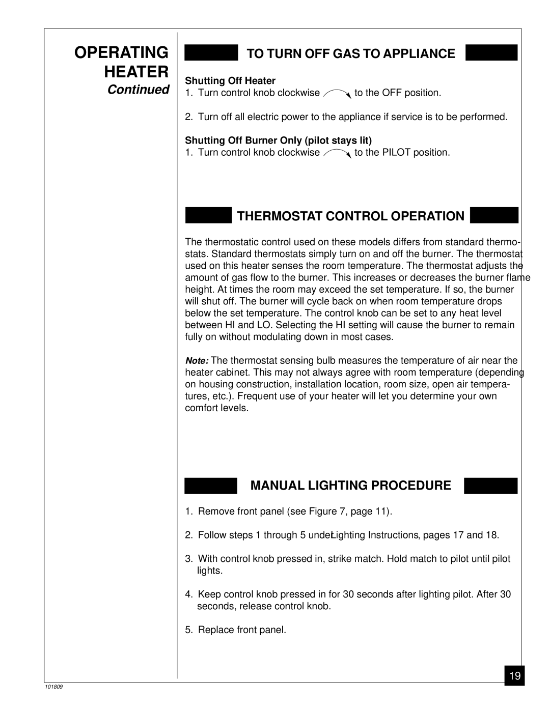 Desa CFN2800BTB, VN2800BTB installation manual Shutting Off Heater, Shutting Off Burner Only pilot stays lit 