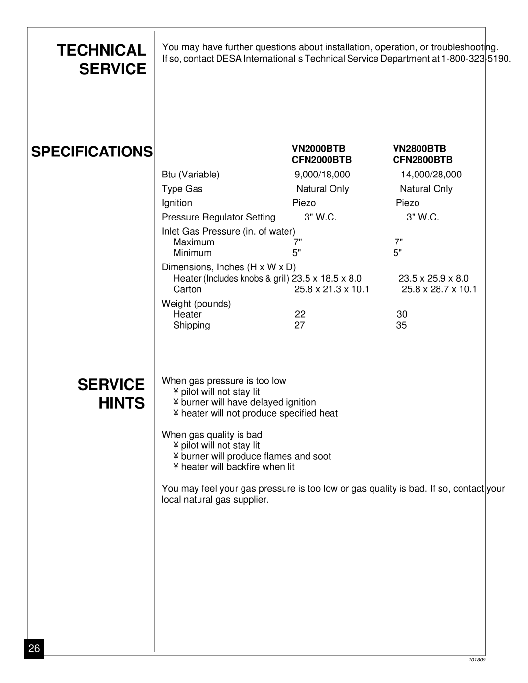 Desa VN2800BTB, CFN2800BTB installation manual Technical Service, Service Hints 