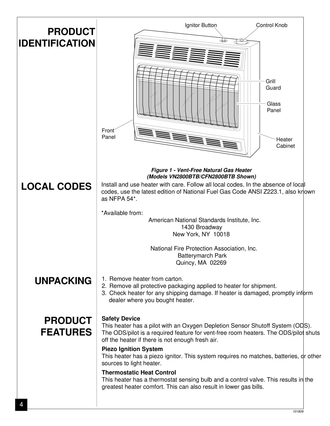 Desa VN2800BTB, CFN2800BTB installation manual Product Identification, Local Codes, Unpacking, Features 