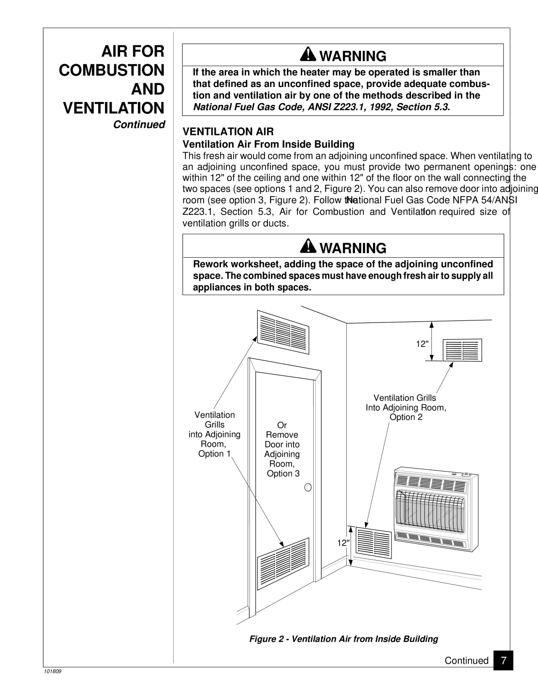 Desa CFN2800BTB, VN2800BTB installation manual Ventilation AIR, Ventilation Air From Inside Building 