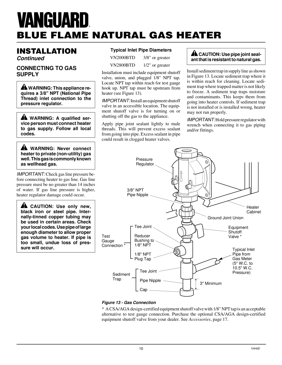 Desa VN2800BTD, VN2000BTD installation manual Connecting to GAS Supply, Typical Inlet Pipe Diameters 